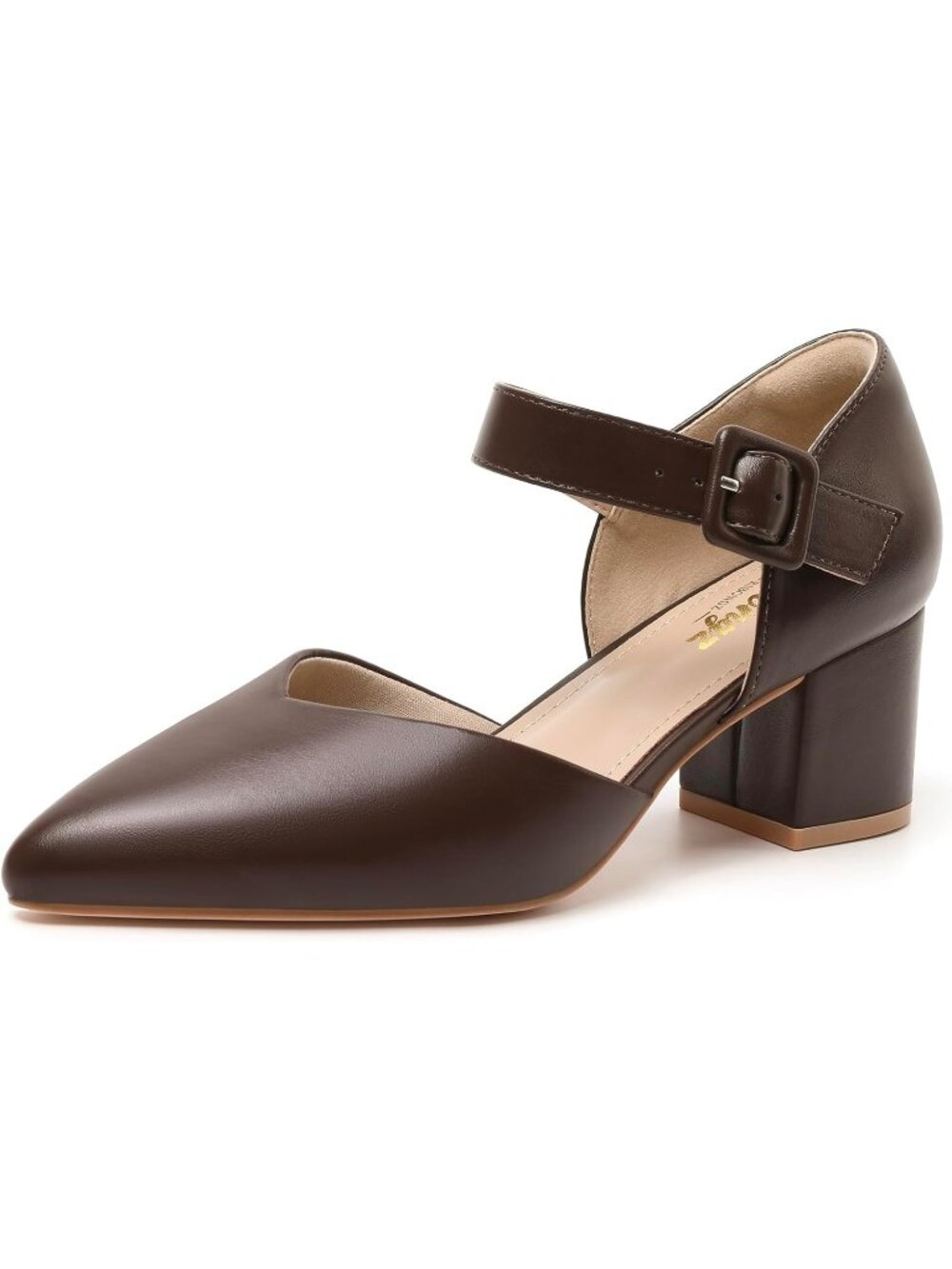 Women's Brown Pu 1 Kitten Heel Pointed Closed Ankle Strap Buckle Slip On Shoes